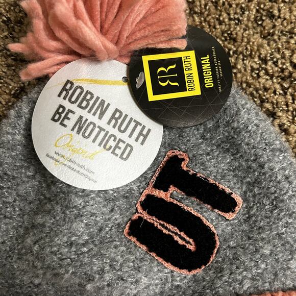 Robin Ruth Pom Pom Beanie - Utah - Winter Knit Cap Hat - Pink Salmon Gray NWT - Picture 5 of 9